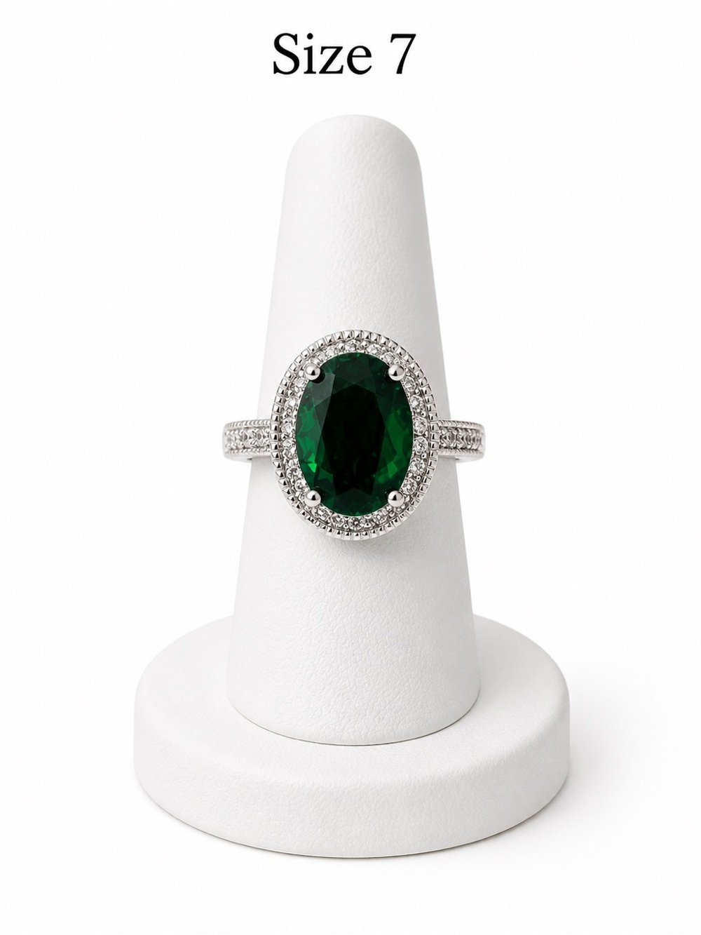 Emerald Oval Halo Silver Ring - Size 7